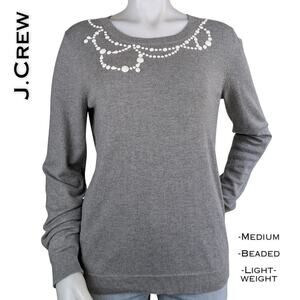 J.Crew Sweater Womens Medium Gray Embellished Beaded Holiday Cotton Wool Blend